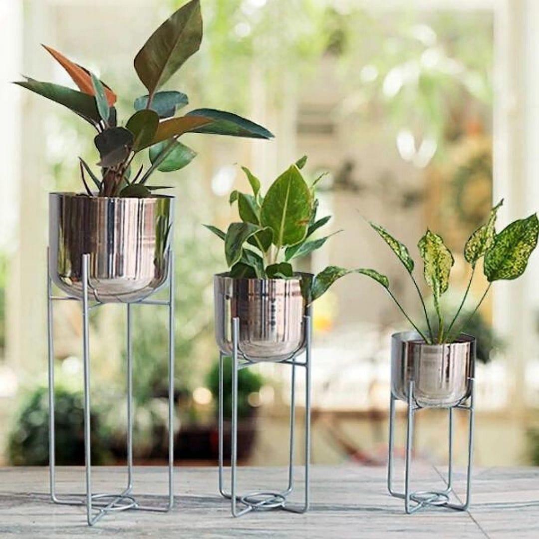 metal indoor plant pots Mid-Century Silver Metal Planters with Stand