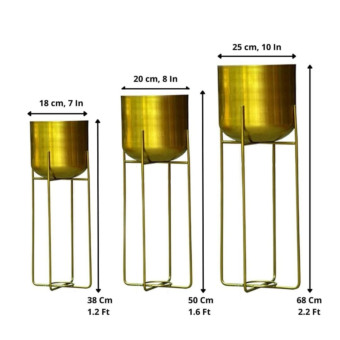 Mid-Century Golden Metal Planters with Golden Stand- Set of 3