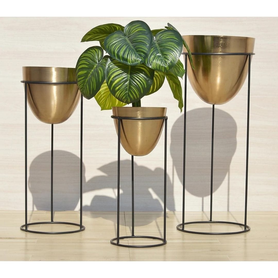 Olive Brass Metal Planter with Stand - Set of 3