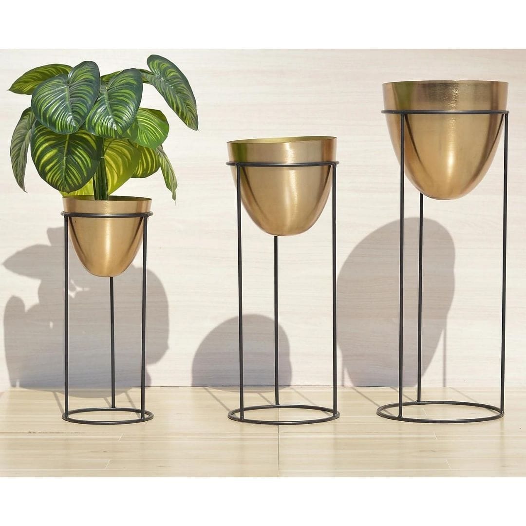 Olive Brass Metal Planter with Stand - Set of 3
