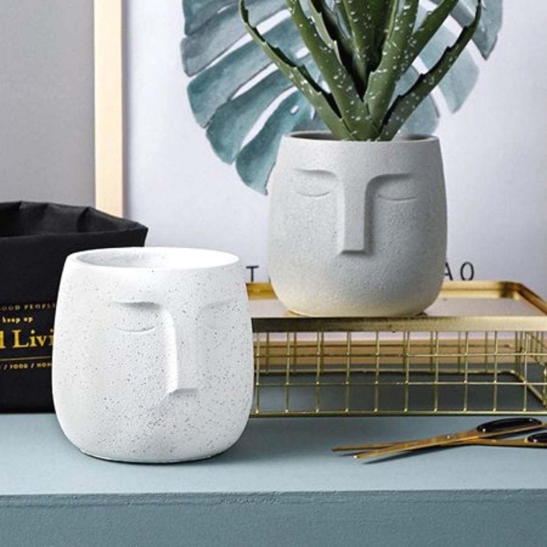 5-Inch Serene Face Concrete Pot (Medium)- Set of 1/2 | Available Color White, Beige, Red, Blue & Green |