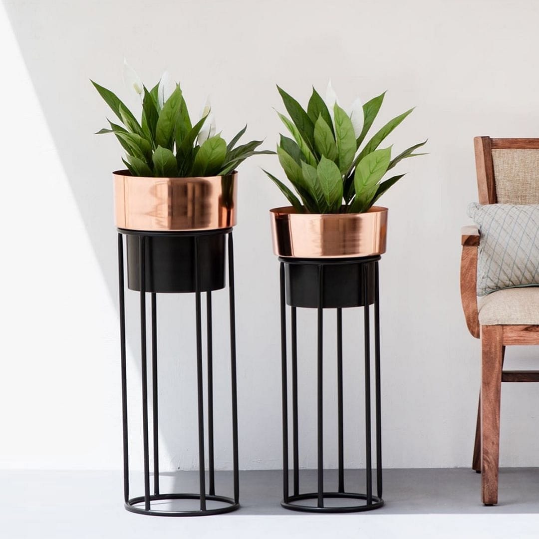 Dual Tone Metal Planters & Pot (Copper-Black) - Set of 2