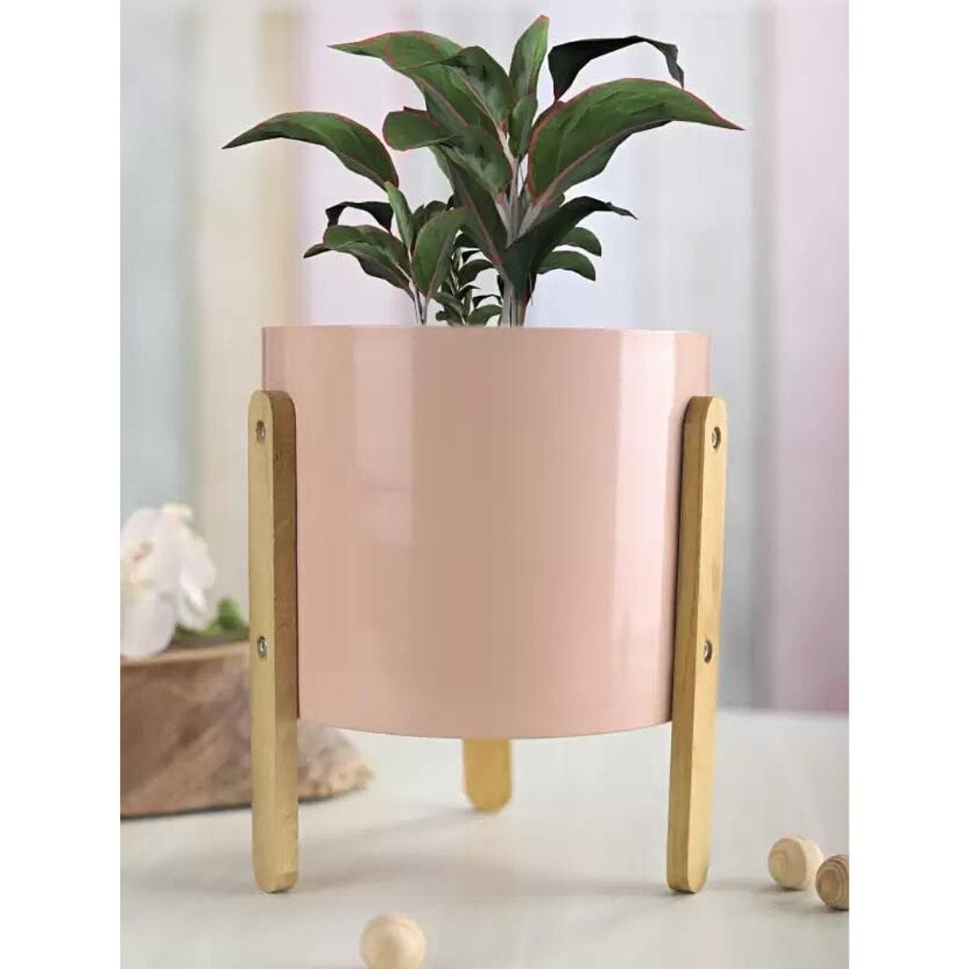 pink plant pot with stand Metal Salmon Pink Pot with Wooden Stand – Leafy Island