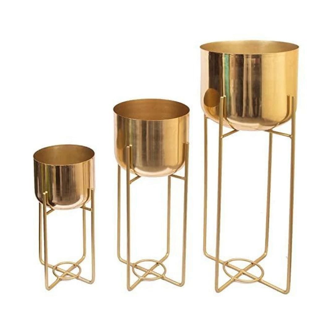 Mid-Century Golden Metal Planters with Golden Stand- Set of 3