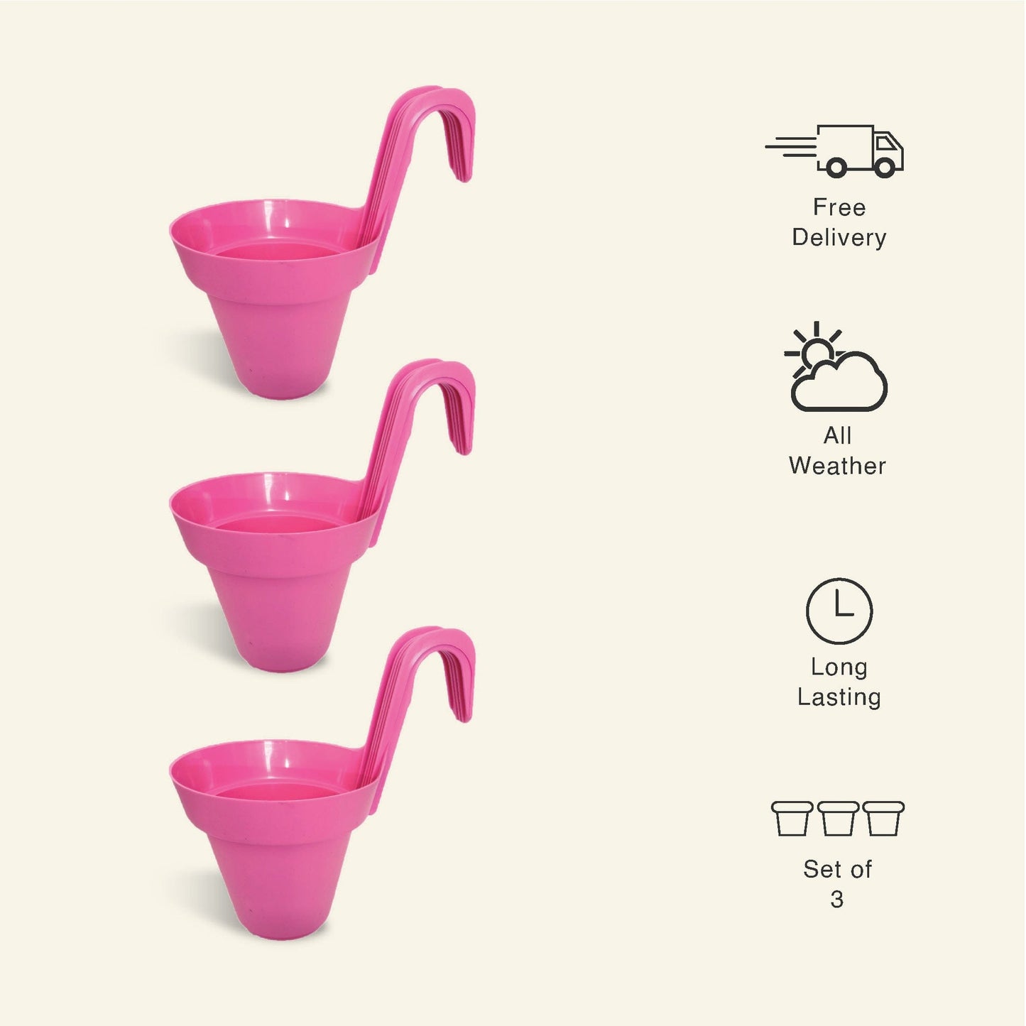 8 Inch Pink Railing Hanging Pots- Set of 3 - Leafy Island