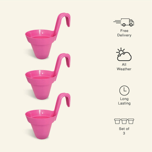 8 Inch Pink Railing Hanging Pots- Set of 3 - Leafy Island