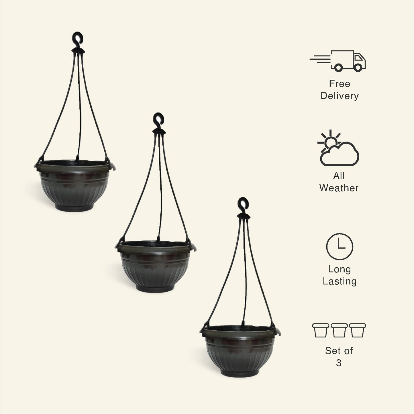 9 Inch Black Color Hanging Pots- Set of 3 - Leafy Island