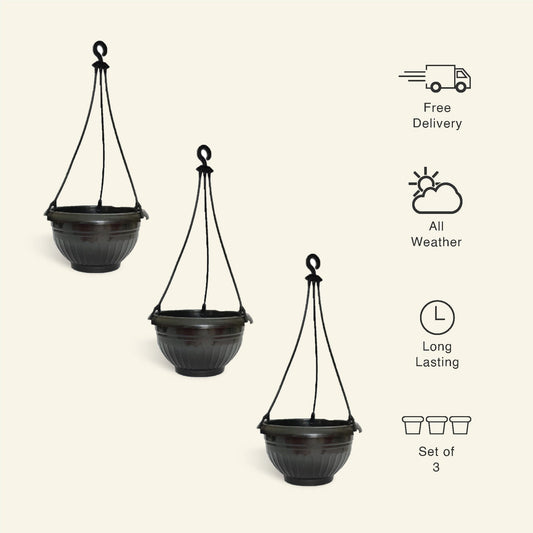 9 Inch Black Color Hanging Pots- Set of 3 - Leafy Island