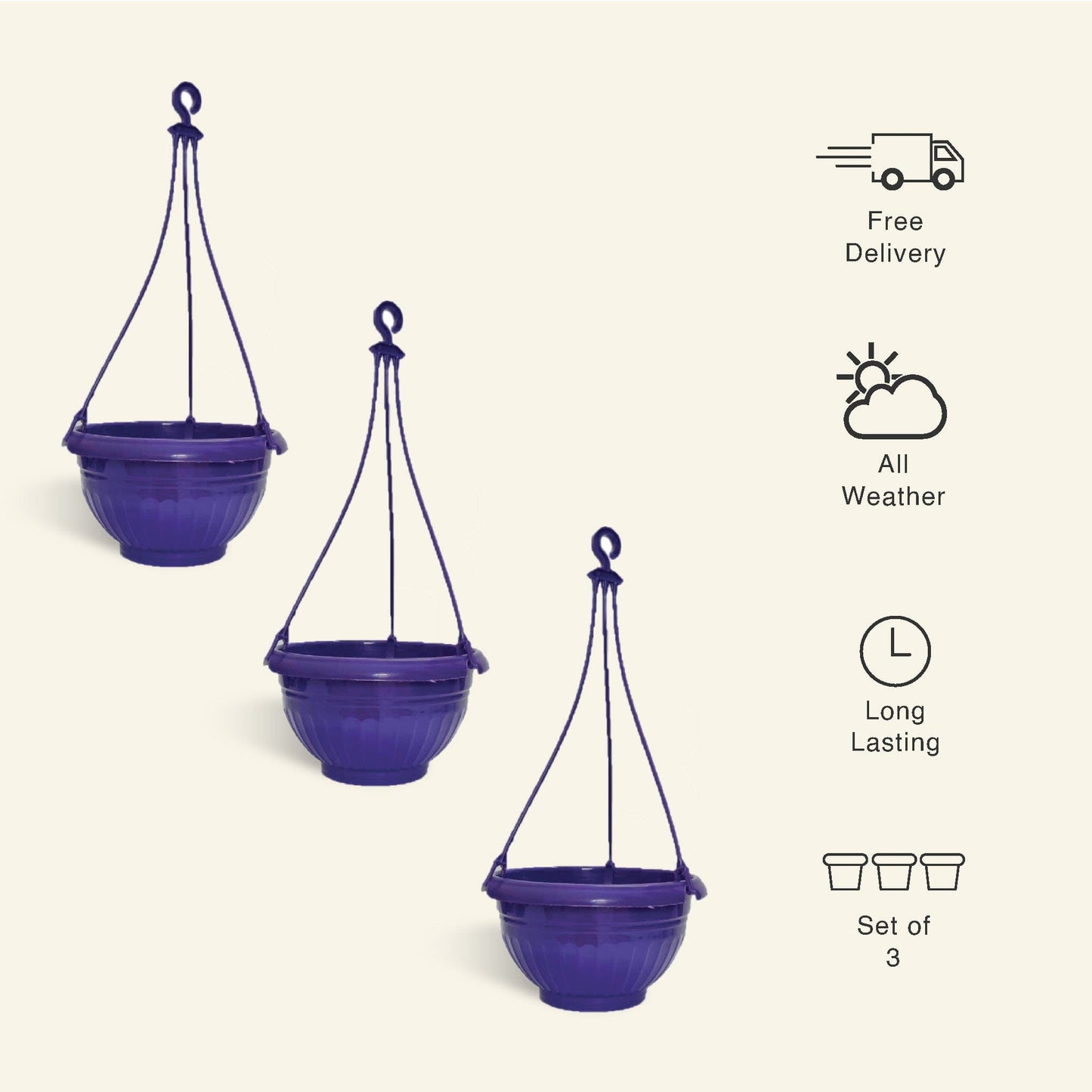 9 Inch Blue Color Hanging Pots- Set of 3 - Leafy Island
