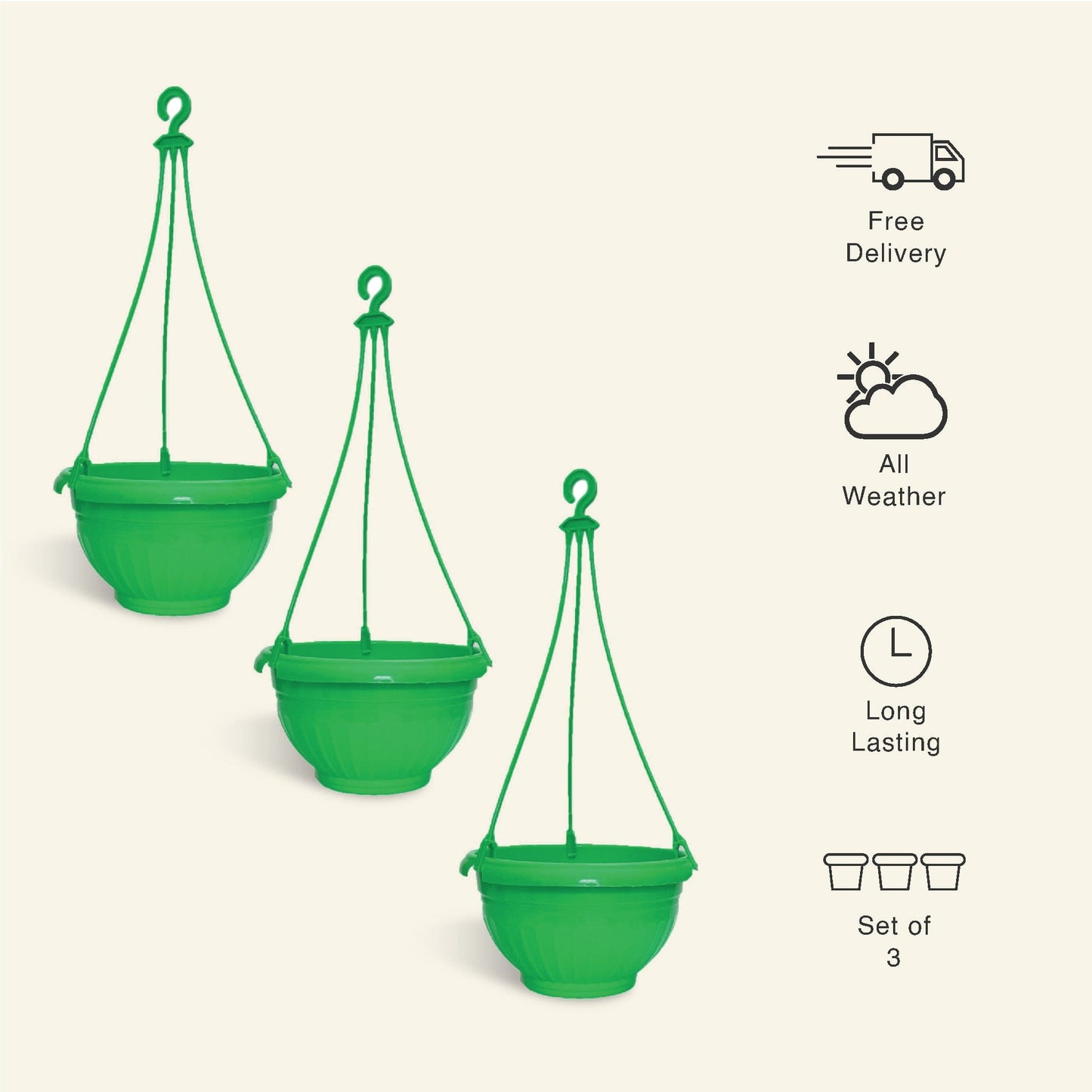 9 Inch Green Color Hanging Pots- Set of 3 - Leafy Island