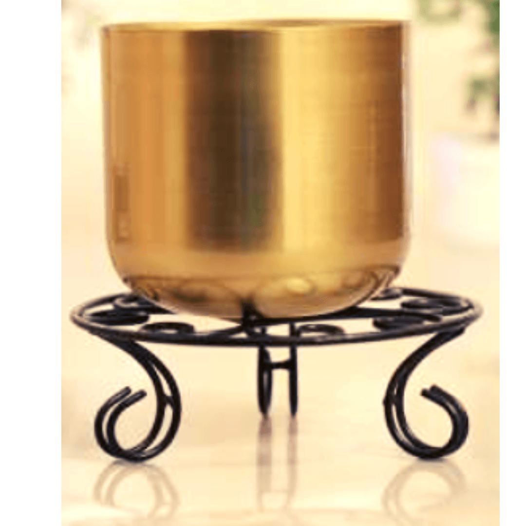 Metal Pot (Golden) with Stand Set of 2