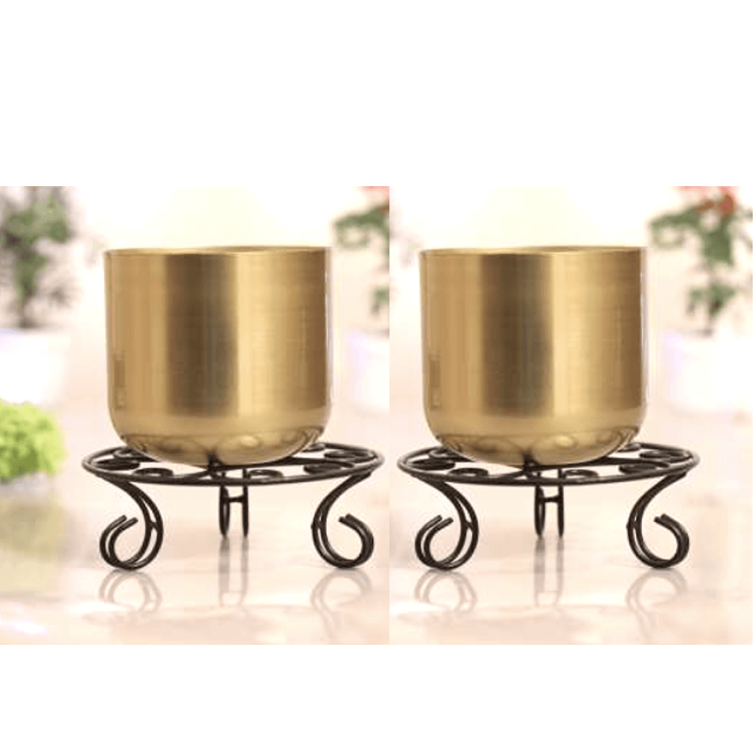 Metal Pot (Golden) with Stand Set of 2