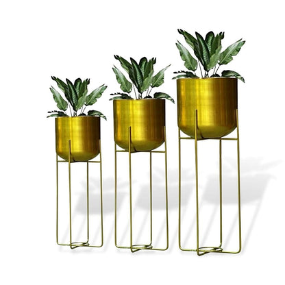 Mid-Century Golden Metal Planters with Golden Stand- Set of 3