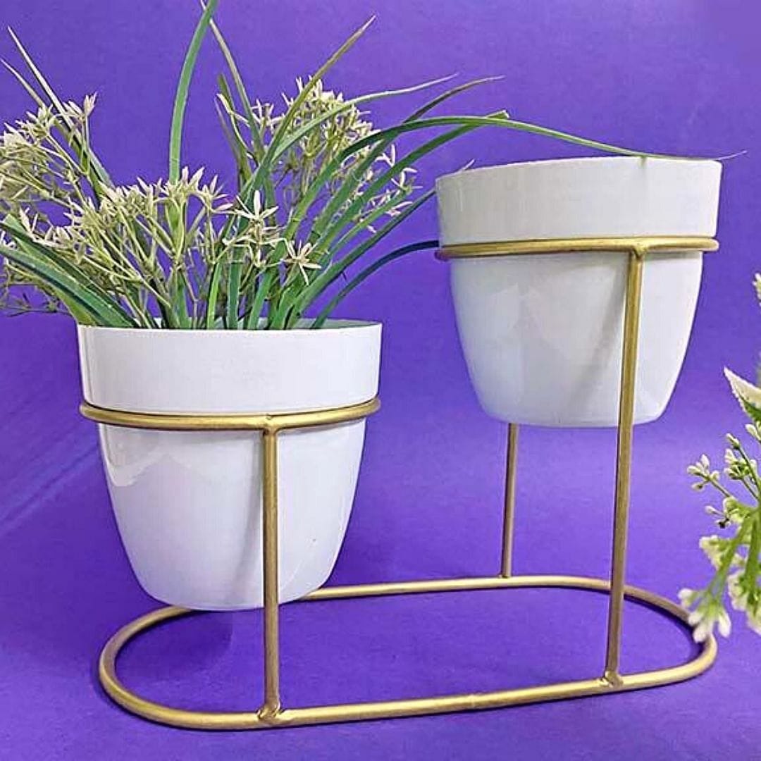 Double Pot White Tabletop Metal Planter