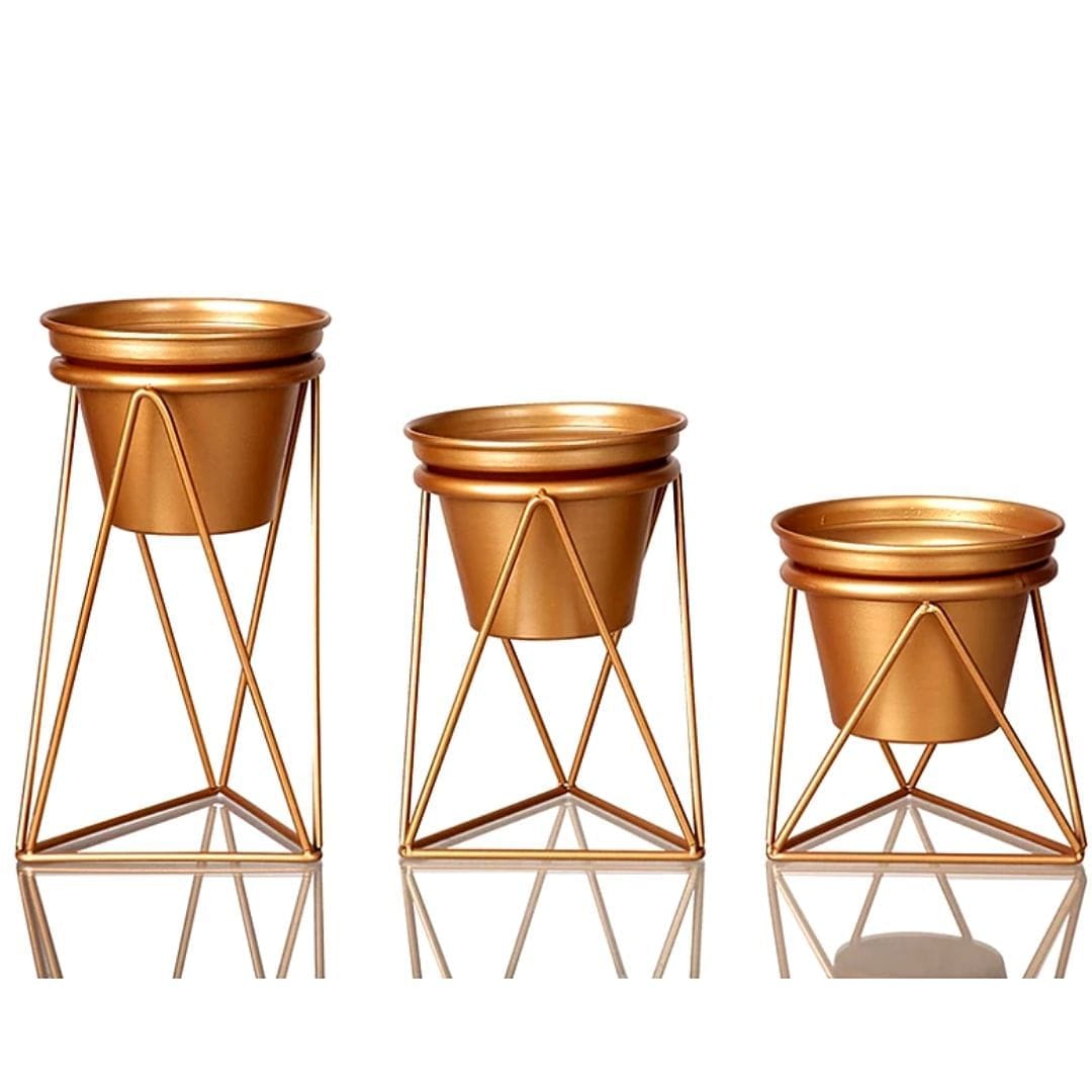 Matte-Gold Table Planters & Geometric Stand (6.5 Inch) - Set of 3