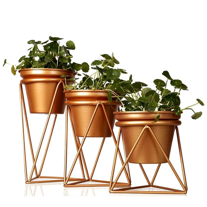 Matte-Gold Table Planters & Geometric Stand (6.5 Inch) - Set of 3