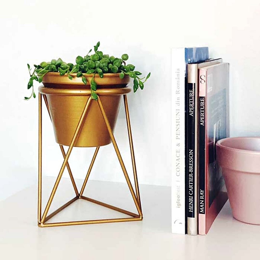 Matte-Gold Table Planters & Geometric Stand (6.5 Inch) - Set of 3