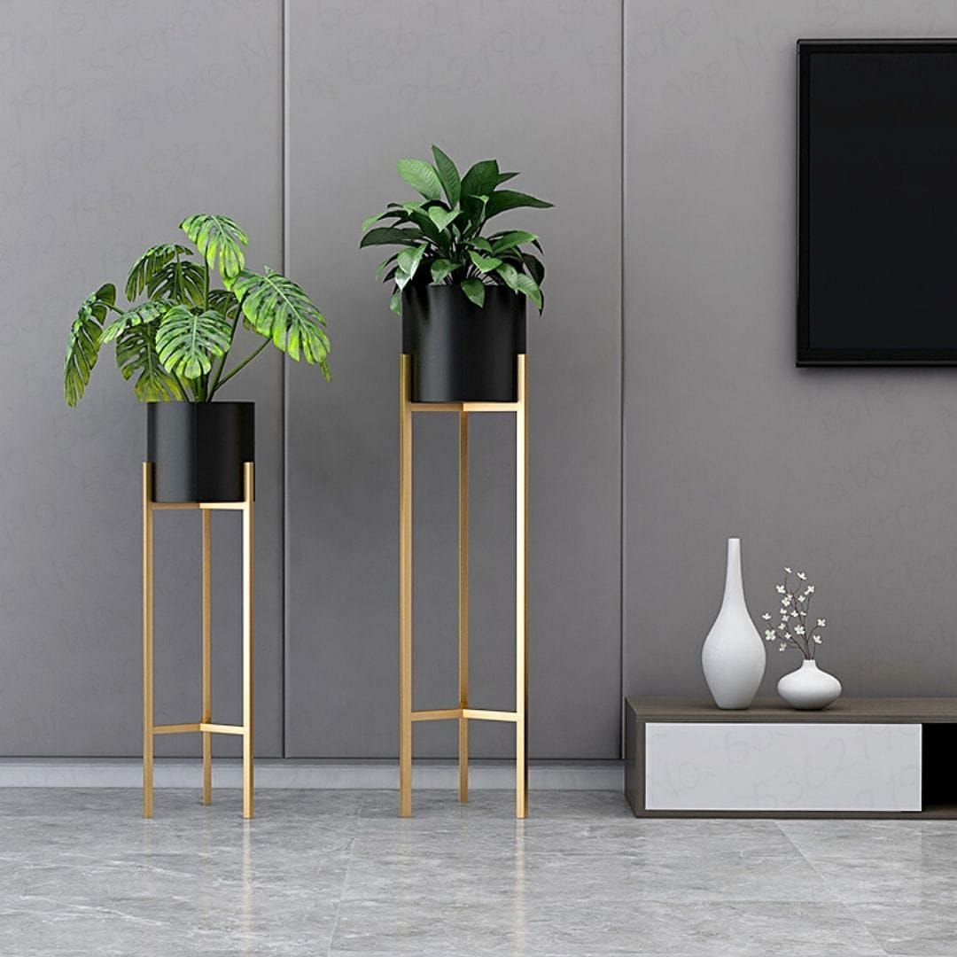 Nordic Matte Black-Gold Planter & Pot - Set of 3