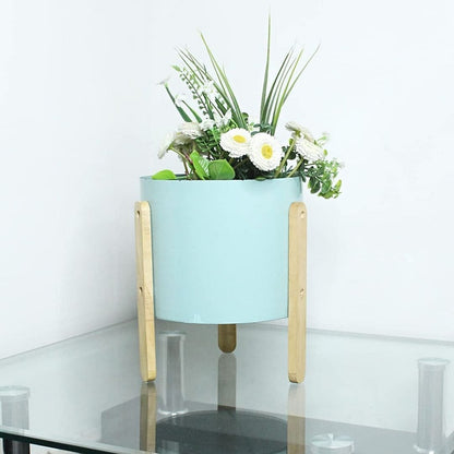 Metal Teal Pot with Wooden Stand