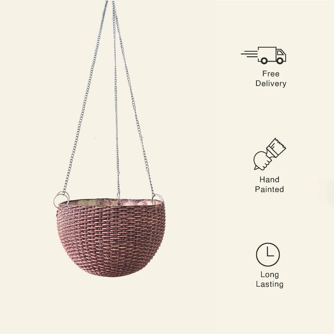 Fiber Hanging Woven Basket Planter - Wooden Finish - Premium Set 1/2/3