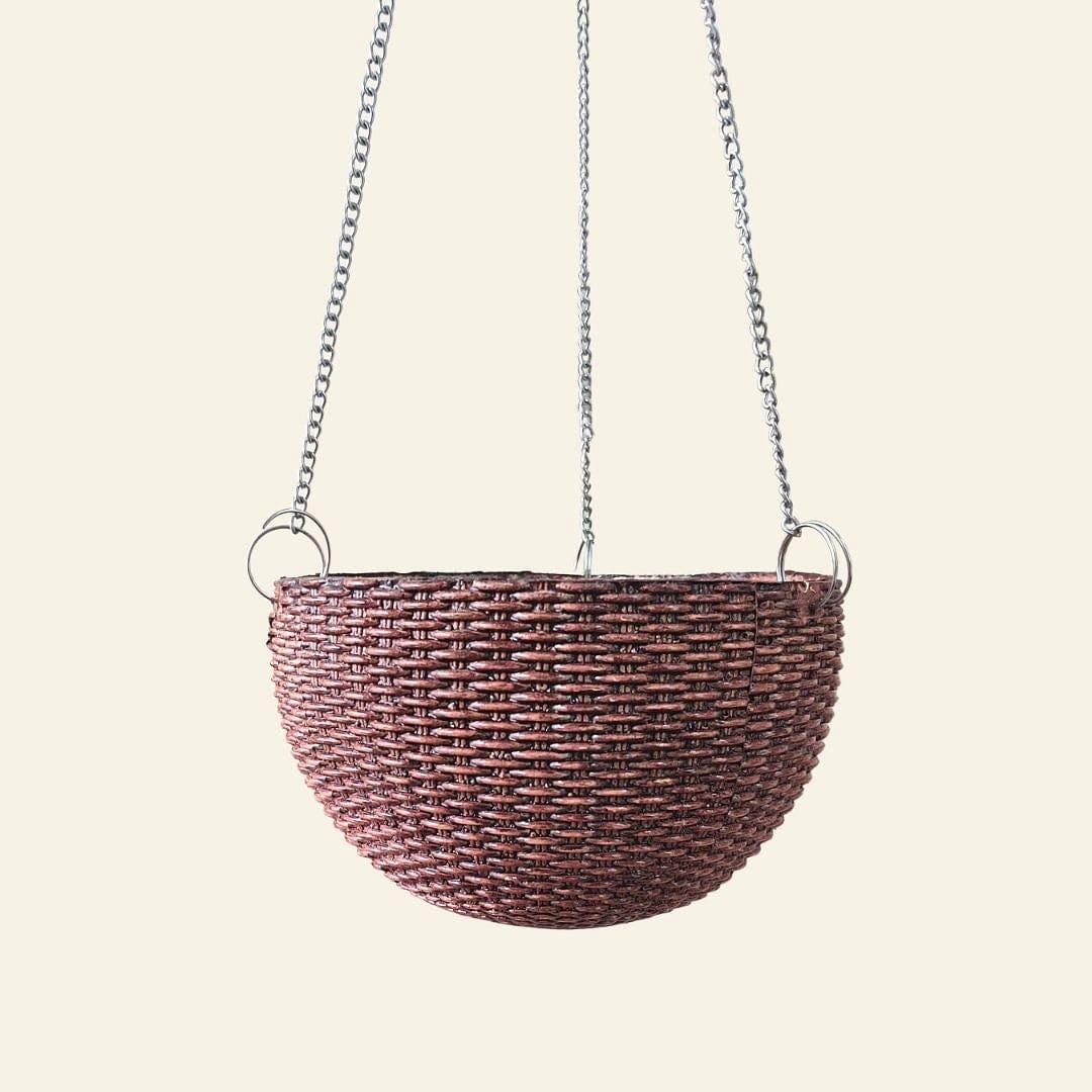 Fiber Hanging Woven Basket Planter - Wooden Finish - Premium Set 1/2/3