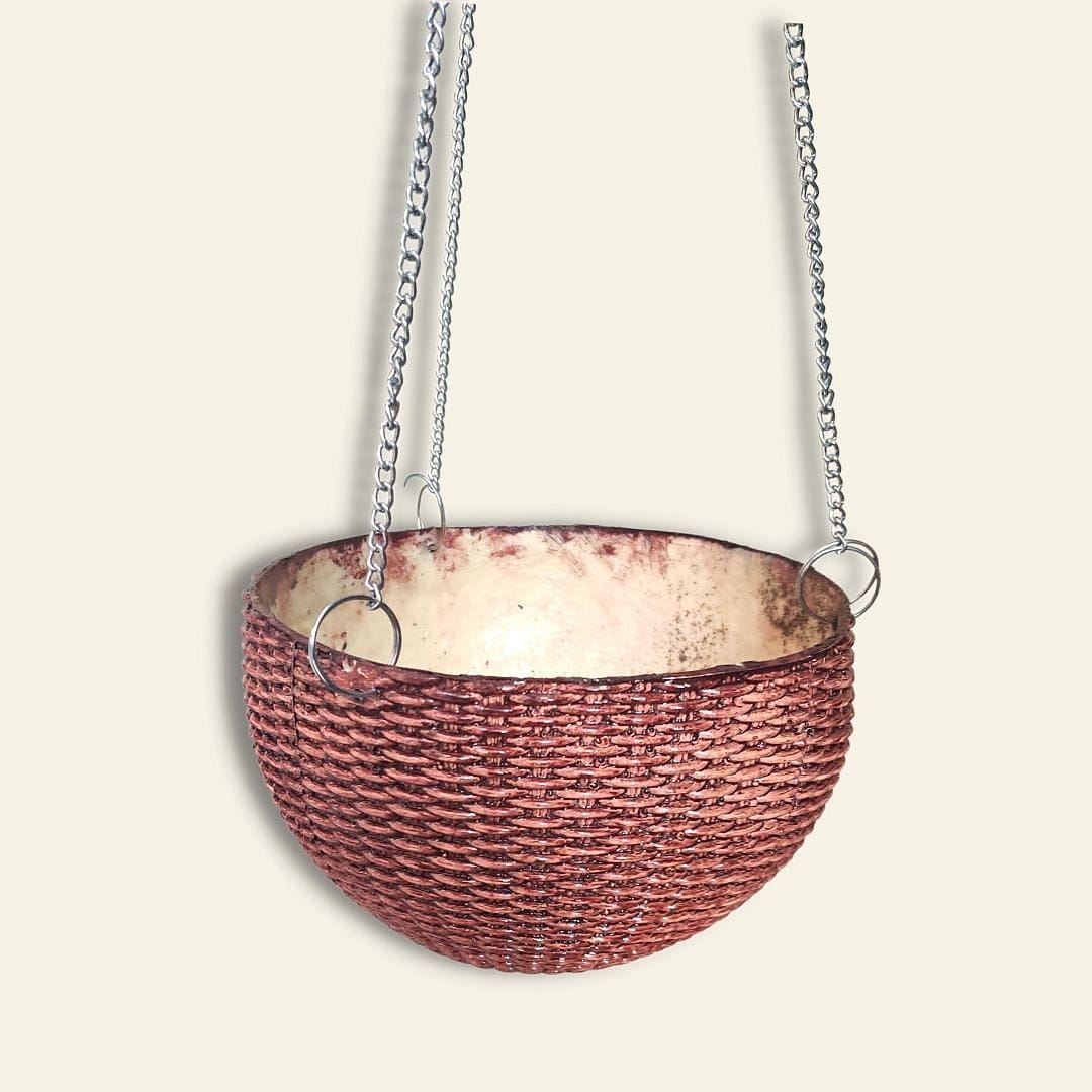 Fiber Hanging Woven Basket Planter - Wooden Finish - Premium Set 1/2/3