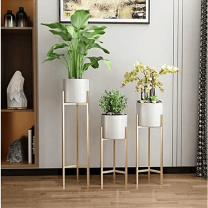 Nordic White-Gold Planter & Pot - Set of 3