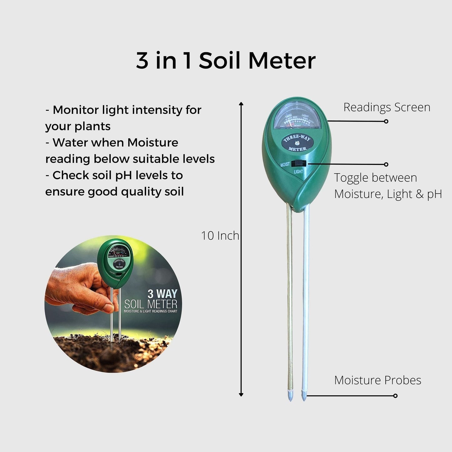 3 In 1 Soil Meter - Light, pH & Moisture Meter