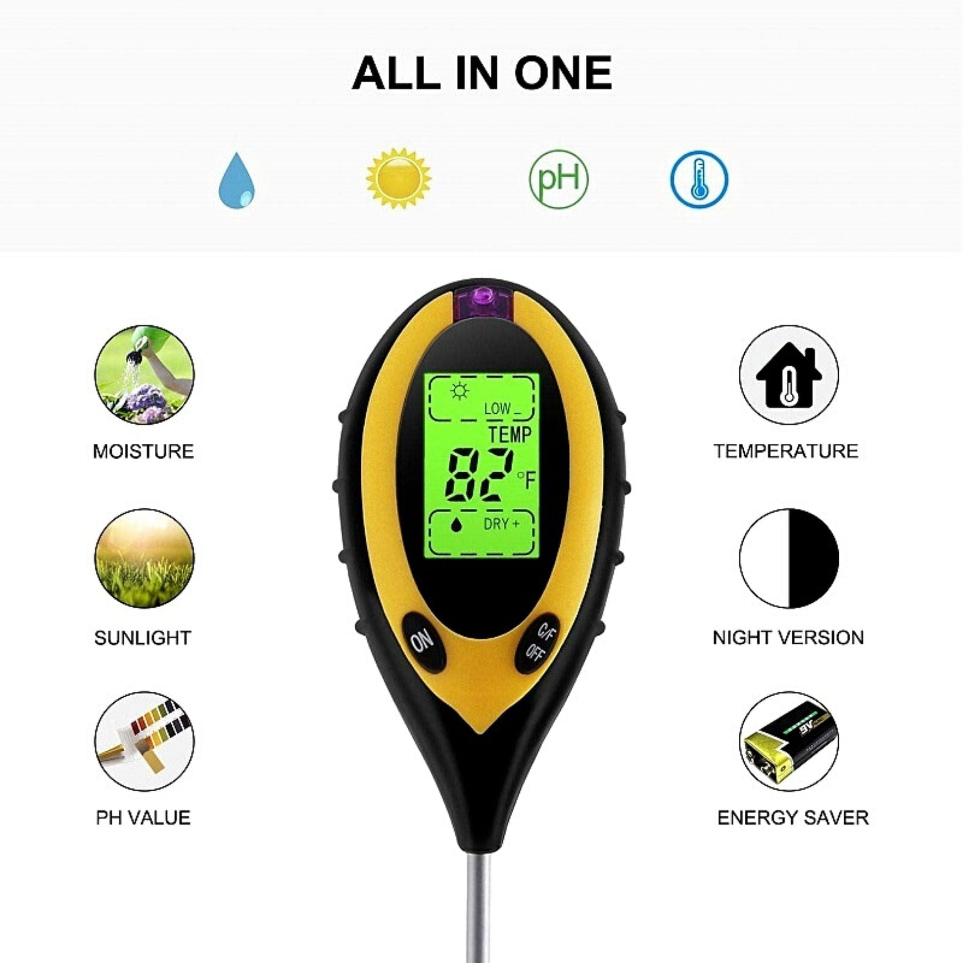 Digital Soil Thermometer 4-in-1 Soil Tester Soil Thermometer/Light/Air  Temperature/Air Humidity Meter Digital Soil/Plant Environment Survey  Instrument Sunlight Tester Plant Monitor 