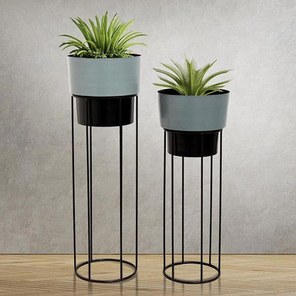 Grey-Black Metal Planter Stand & Pots - Set of 2