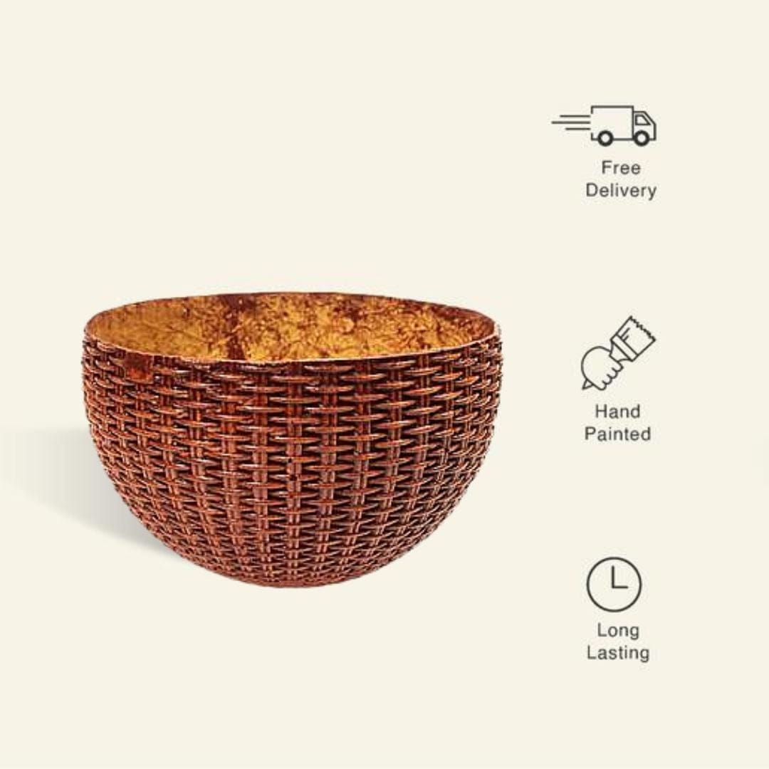 Fiber Woven Basket Planter - Wooden Finish - Premium Set 1/3