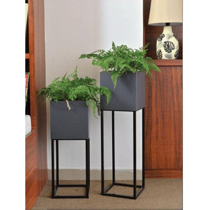 Brisbane Grey Metal Planter Stand with Pots - Set of 2