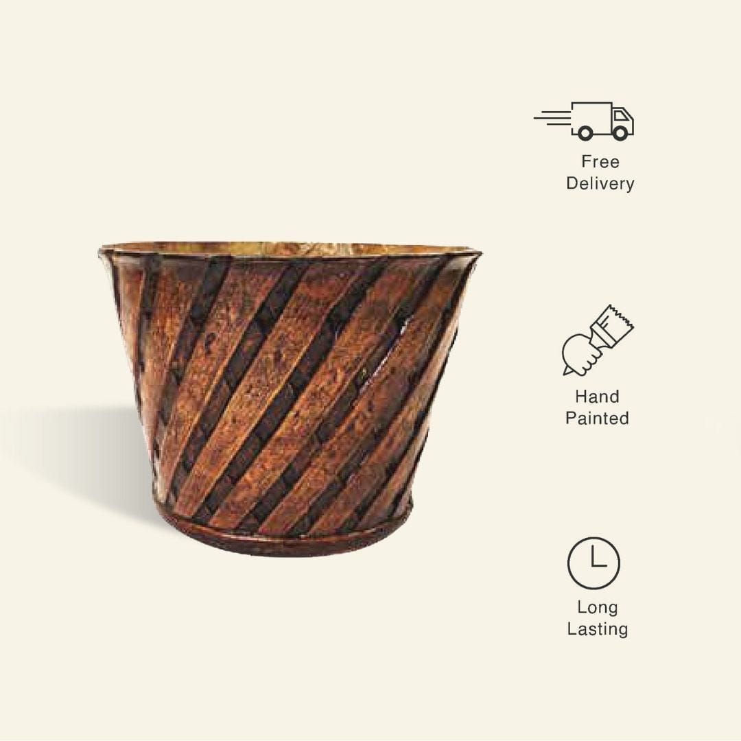 Fiber Cross Woven Bucket Planter - Wooden Finish - Premium Fiberglass Pot Set of 1/3/5