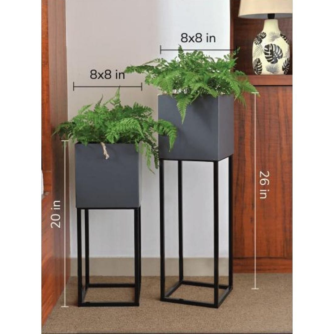 Brisbane Grey Metal Planter Stand with Pots - Set of 2