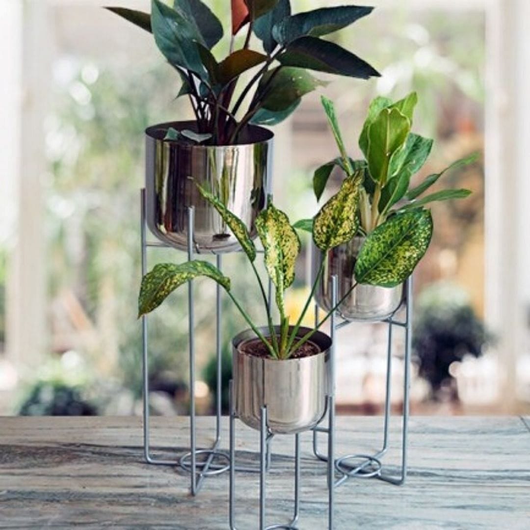 Mid-Century Silver Metal Planters with Stand - Set of 3