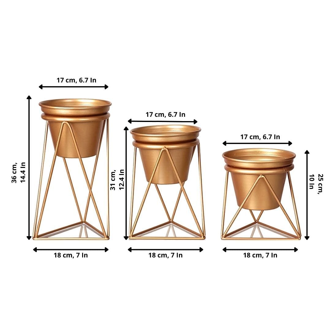 Matte-Gold Table Planters & Geometric Stand (6.5 Inch) - Set of 3