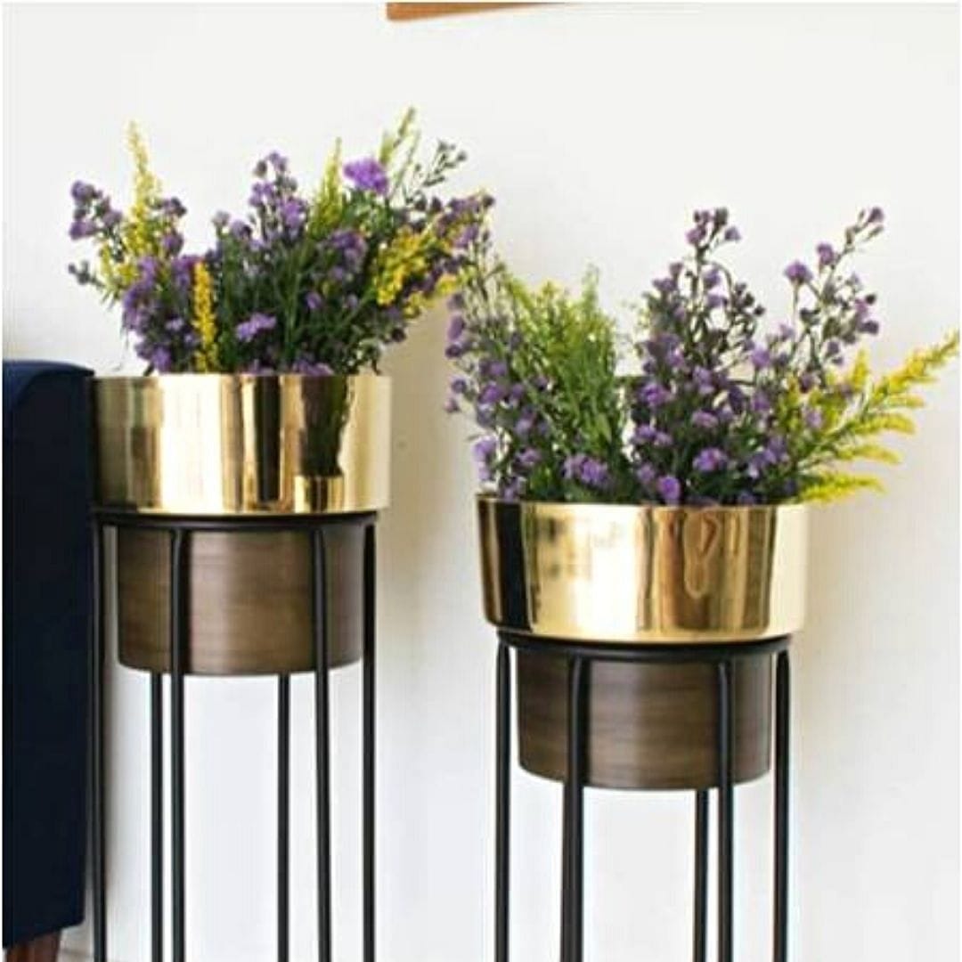 Dual Tone Metal Planters & Pot (Golden-Brown) - Set of 2