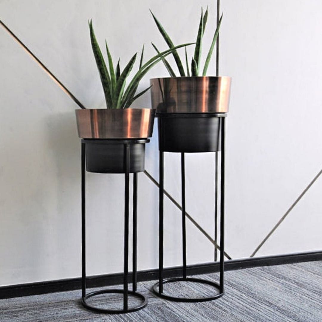 Dual Tone Metal Planters & Pot (Copper-Black) - Set of 2