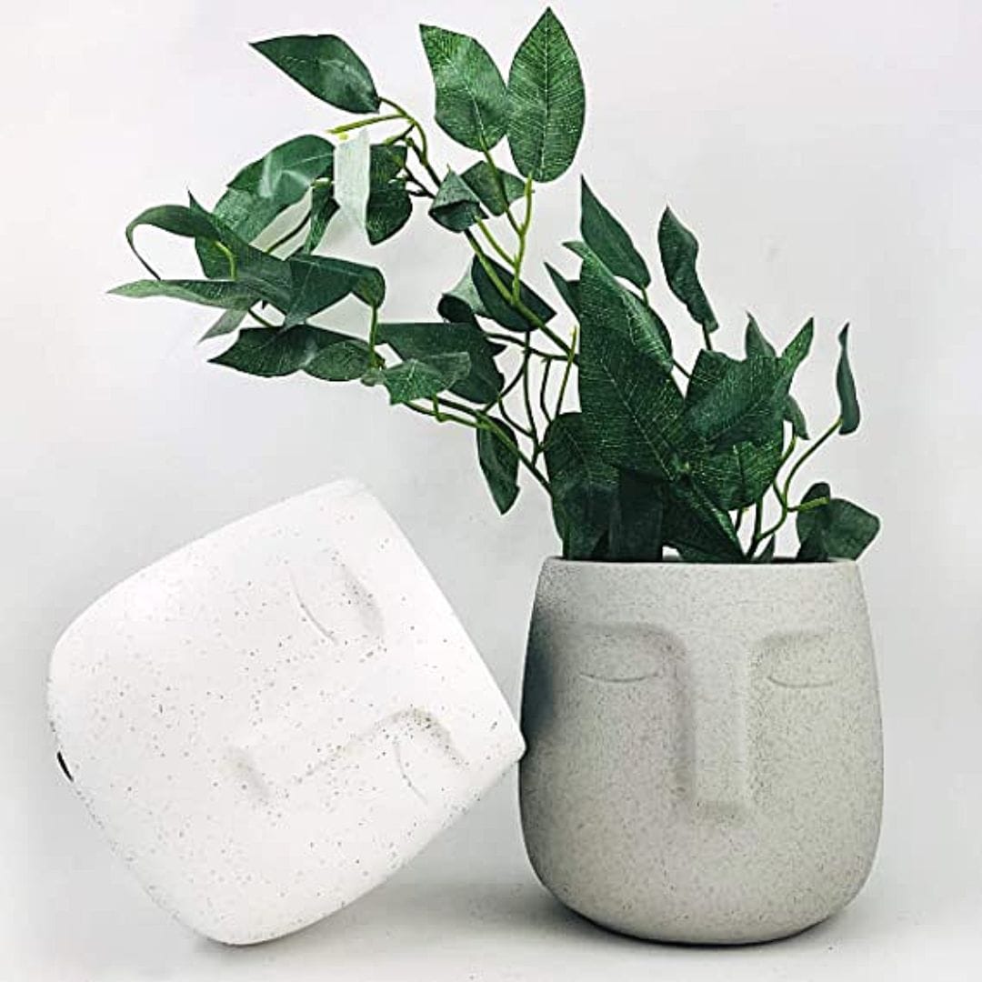 5-Inch Serene Face Concrete Pot (Medium)- Set of 1/2 | Available Color White, Beige, Red, Blue & Green |