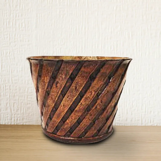 Fiber Cross Woven Bucket Planter - Wooden Finish - Premium Fiberglass Pot Set of 1/3/5