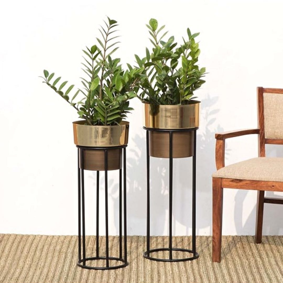 Dual Tone Metal Planters & Pot (Golden-Brown) - Set of 2