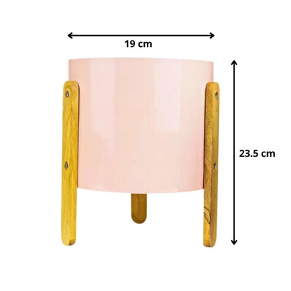 Metal Salmon Pink Pot with Wooden Stand