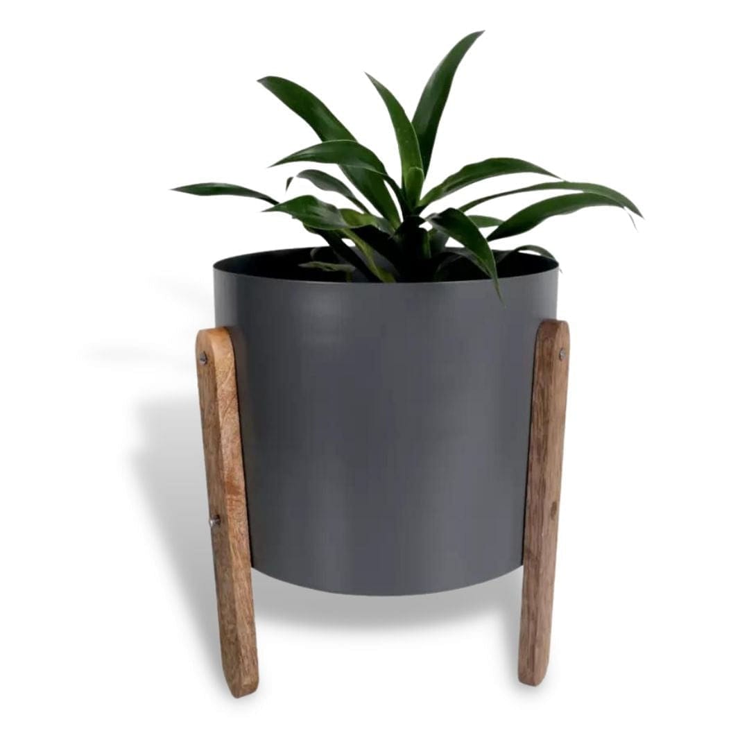 Metal Grey Pot with Wooden Stand