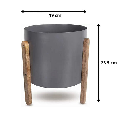 Metal Grey Pot with Wooden Stand